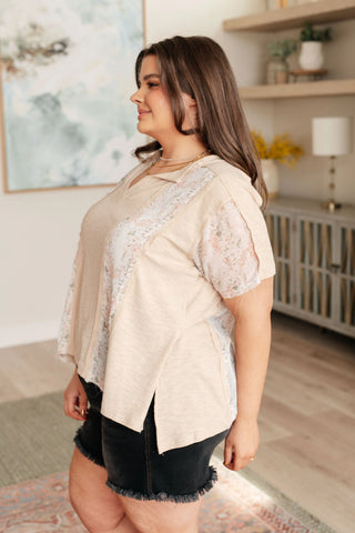 Mention Me Floral Accent Top in Toasted Almond - Fashion Are Us, LLC