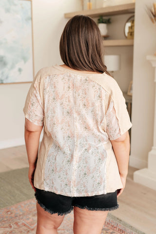 Mention Me Floral Accent Top in Toasted Almond - Fashion Are Us, LLC