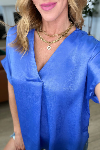 Pleat Front V-Neck Top in Royal Blue - Fashion Are Us, LLC