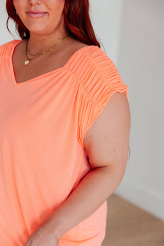 Ruched Cap Sleeve Top in Neon Orange - Fashion Are Us, LLC