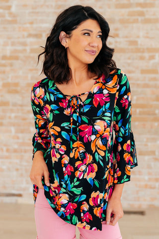 Willow Bell Sleeve Top in Black and Emerald Floral - Fashion Are Us, LLC