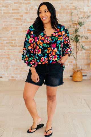 Willow Bell Sleeve Top in Black and Emerald Floral - Fashion Are Us, LLC