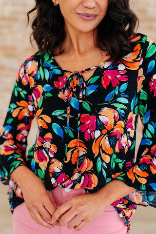 Willow Bell Sleeve Top in Black and Emerald Floral - Fashion Are Us, LLC