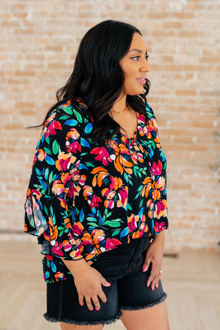 Willow Bell Sleeve Top in Black and Emerald Floral - Fashion Are Us, LLC