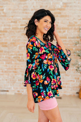 Willow Bell Sleeve Top in Black and Emerald Floral - Fashion Are Us, LLC