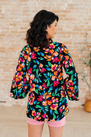 Willow Bell Sleeve Top in Black and Emerald Floral - Fashion Are Us, LLC