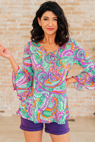 Willow Bell Sleeve Top in Lavender Mint Paisley - Fashion Are Us, LLC