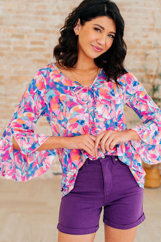 Willow Bell Sleeve Top in Royal Brushed Floral - Fashion Are Us, LLC