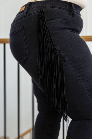 Hilary Side Fringe Skinny Jegging In Black - Fashion Are Us, LLC