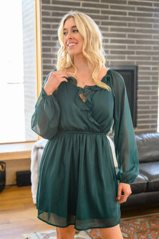 Front And Center Balloon Sleeve Dress in Green - Fashion Are Us, LLC