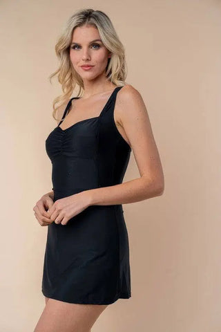 Ruched Swim Dress with Removable Bra Pads in Black - Fashion Are Us, LLC