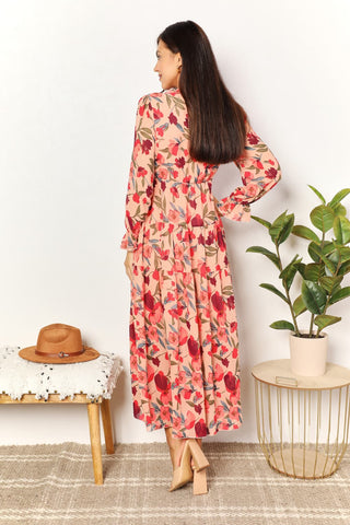 Double Take Floral Frill Trim Flounce Sleeve Plunge Maxi Dress Trendsi