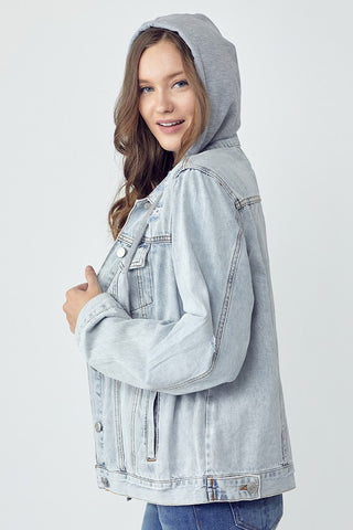 RISEN Full Size Distressed Drawstring Hooded Denim Jacket Trendsi