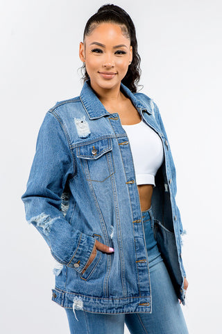 American Bazi Full Size Button Up Distressed Denim Jacket Trendsi