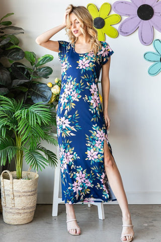 Heimish Full Size Floral Short Sleeve Slit Dress Trendsi