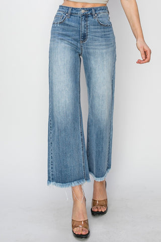 RISEN Raw Hem Cropped Wide Leg Jeans Trendsi