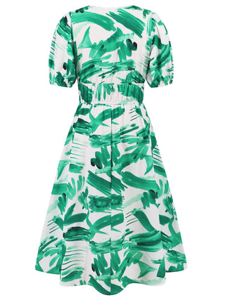 Ruched Printed Surplice Short Sleeve Dress Trendsi