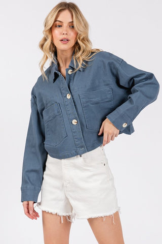 bytos Button Down Cropped Denim Jacket with Patch Pockets Trendsi