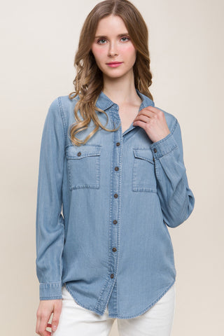 Love Tree Scooped Hem Button Up Denim Shirt Trendsi