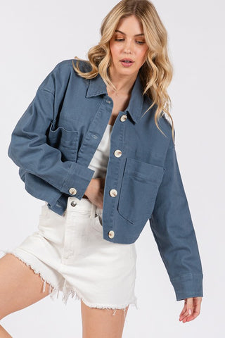 bytos Button Down Cropped Denim Jacket with Patch Pockets Trendsi