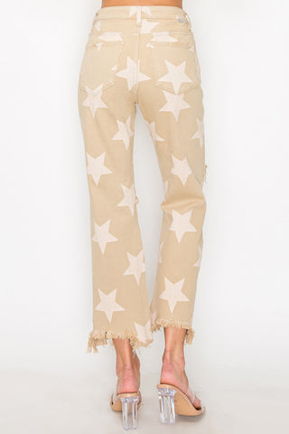 RISEN Full Size High Rise Star Printed Frayed Hem Jeans Trendsi