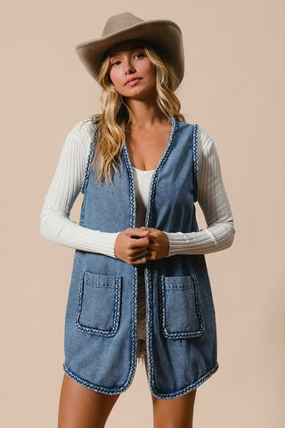 BiBi Braided Trim Open Front Denim Vest with Pockets Trendsi