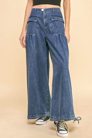 Davi & Dani Drawstring Hem Wide Leg Mid Rise Jeans Trendsi