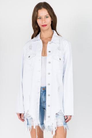 American Bazi Distressed Frayed Hem Denim Jacket Trendsi