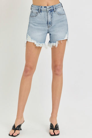 RISEN High Rise Side Step Hem Denim Shorts Trendsi