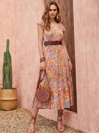 Ruffled Printed V-Neck Cap Sleeve Tiered Dress Trendsi