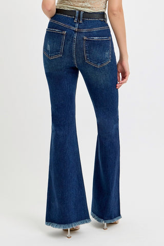 RISEN Tummy Control Frayed Hem Flare Jeans Trendsi