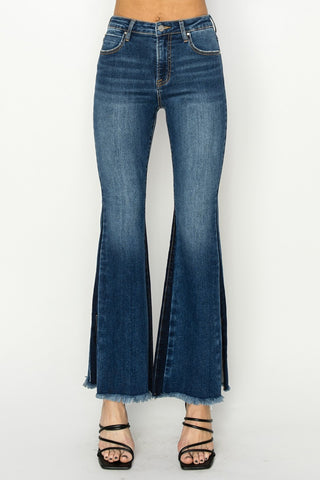 RISEN Full Size High Rise Side Shadow Seam Detail Slit Flare Jeans Trendsi