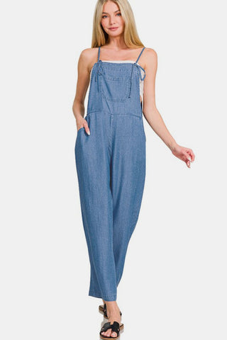 Zenana Washed Adjustable Strap Wide Leg Denim Overalls Trendsi