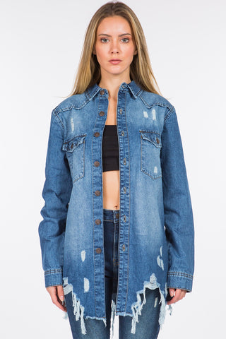 American Bazi Distressed Frayed Hem Denim Jacket Trendsi