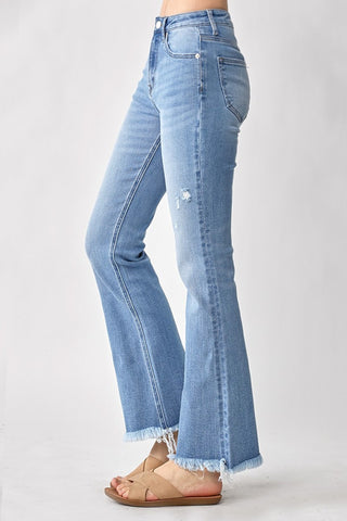 RISEN High Rise Frayed Hem Bootcut Jeans Trendsi