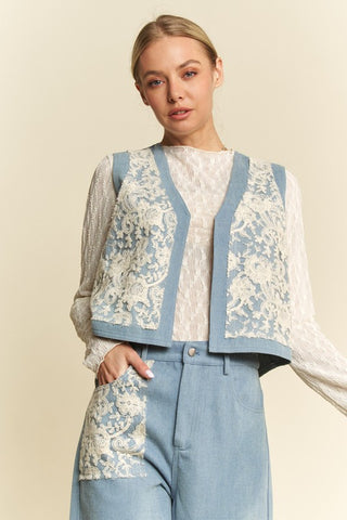 Davi & Dani Lace Patch Open Front Denim Vest Trendsi