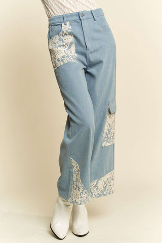 Davi & Dani Lace Applique Wide Leg Jeans Trendsi