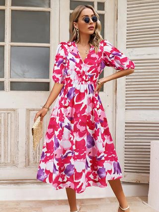 Ruched Printed Surplice Short Sleeve Dress Trendsi