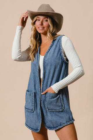 BiBi Braided Trim Open Front Denim Vest with Pockets Trendsi