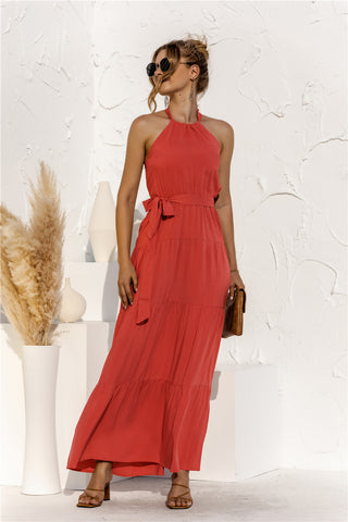 Halter Neck Tie Waist Tiered Maxi Dress Trendsi