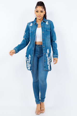 American Bazi Distressed Button Up Long Sleeve Denim Jacket Trendsi