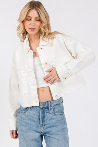 bytos Button Down Cropped Denim Jacket with Patch Pockets Trendsi