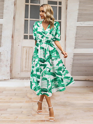 Ruched Printed Surplice Short Sleeve Dress Trendsi