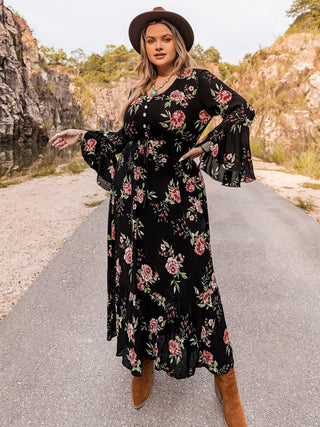 Plus Size Floral Flare Sleeve Dress Trendsi