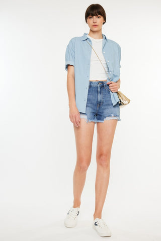 Kancan Distressed Raw Hem High Waist Denim Shorts Trendsi