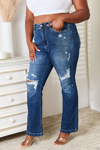 Judy Blue Full Size Mid Rise Hand Sand & Destroy Bootcut Jeans Trendsi