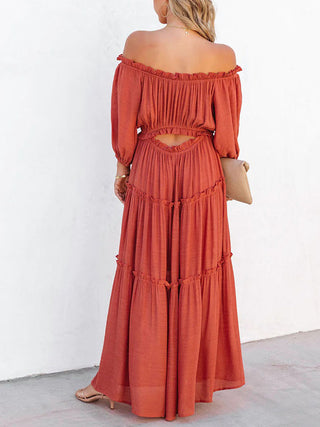 Ruffle Trim Off Shoulder Long Sleeve Maxi Dress Trendsi