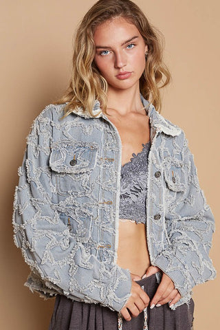 POL Star Textured Raw Hem Long Sleeve Denim Jacket Trendsi