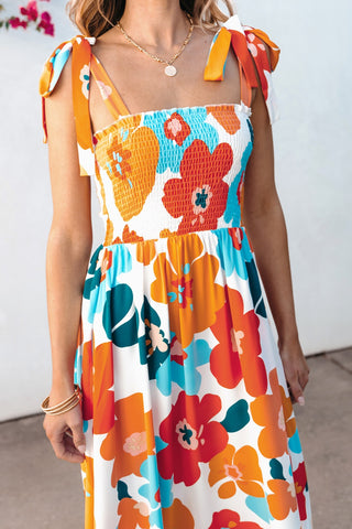 Smocked Printed Square Neck Dress Trendsi