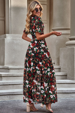 Floral V-Neck Short Flounce Sleeve Dress Trendsi